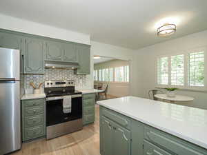 Kitchen with green cabinets, stainless steel appliances, light countertops, tasteful backsplash, and under cabinet range hood