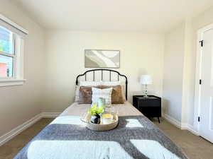 Bedroom featuring carpet flooring and baseboards