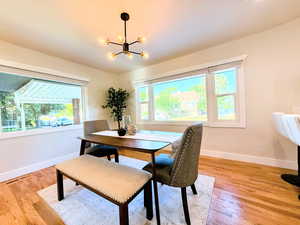Dining area featuring plenty of natural light, a chandelier, and light wood-style flooring