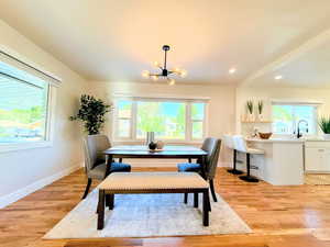 Dining space featuring a chandelier and light wood-type flooring