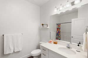 Full bathroom featuring vanity and a shower with shower curtain