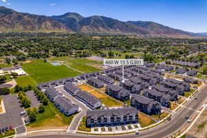Aerial perspective of suburban area with mountains