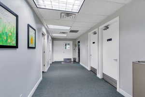 Hallway with a drop ceiling and dark carpet