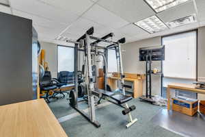 Workout area featuring a drop ceiling and carpet flooring
