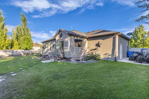 Back of house featuring a fenced backyard, roof with shingles, stucco siding, and a patio