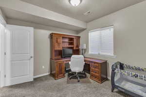 Office area featuring light colored carpet and baseboards