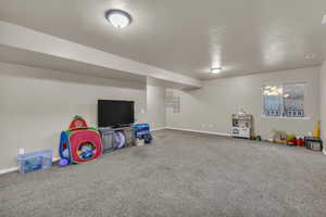 Rec room with carpet flooring