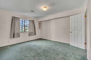 Master bedroom with carpet flooring and crown molding