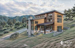 View of front of property featuring stone siding, a patio, outdoor lounge area, a front yard, and a chimney