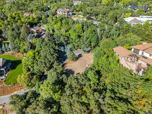 Aerial view of residential area with a heavily wooded area