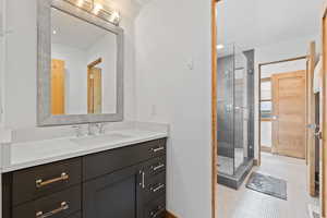 Full bath with vanity, a stall shower, and recessed lighting