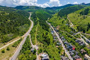 Bird's eye view of a mountainous background