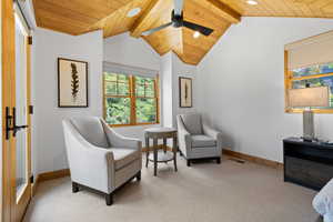 Living area featuring carpet, wood ceiling, and ceiling fan
