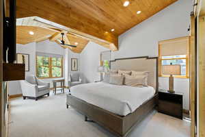 Bedroom featuring wood ceiling, multiple windows, recessed lighting, and carpet