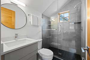 Bathroom featuring vaulted ceiling, a stall shower, and vanity