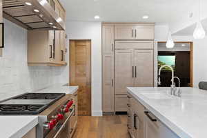 Kitchen with premium appliances, ventilation hood, recessed lighting, light wood finished floors, and light countertops