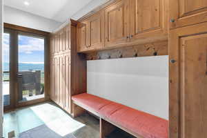 Mudroom featuring a water view
