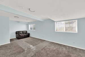 Basement with carpet flooring and a textured ceiling