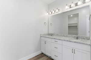 Bathroom featuring double vanity, light wood-type flooring, and a spacious closet