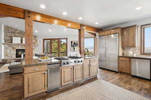 Kitchen with stainless steel appliances, open floor plan, dark wood-type flooring, and recessed lighting
