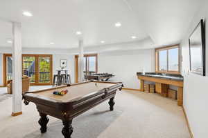 Recreation room featuring healthy amount of natural light, carpet flooring, billiards, and recessed lighting