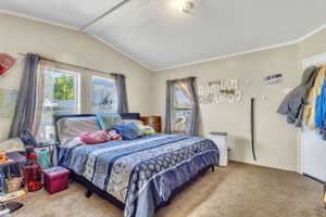 Carpeted bedroom featuring ornamental molding