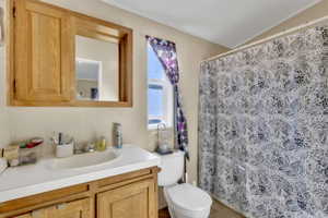 Bathroom featuring vanity, a shower with shower curtain, and lofted ceiling