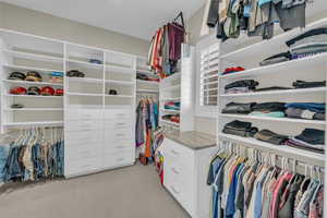 Walk in closet featuring light carpet