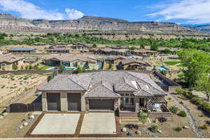Aerial perspective of suburban area with mountains
