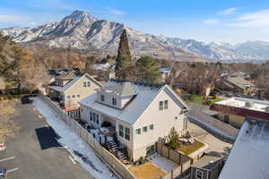 Aerial view of residential area with a mountain backdrop