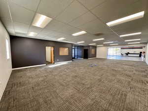 Spare room with carpet flooring and a drop ceiling