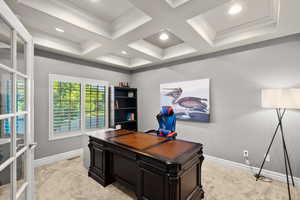 Office space featuring light carpet, beamed ceiling, coffered ceiling, ornamental molding, and recessed lighting