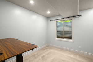 Unfurnished office with a textured ceiling, carpet floors, and recessed lighting