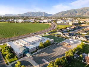Aerial view of residential area with a mountainous background