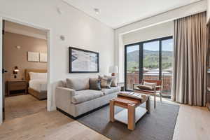 Living room featuring light wood-style flooring and a mountain view