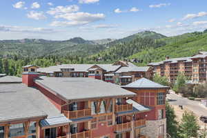 Aerial view of residential area featuring a mountain backdrop and a forest