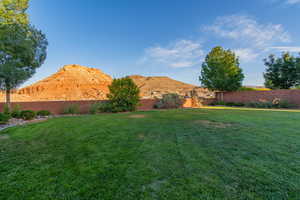 Fenced backyard with a mountain view