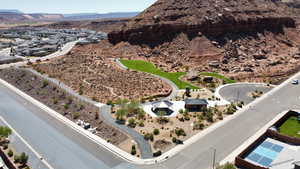 Aerial view of residential area with mountains