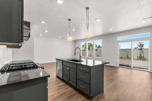 Kitchen with wood finished floors, dark countertops, stainless steel appliances, a textured ceiling, and hanging light fixtures