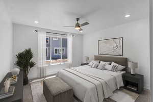 Primary Bedroom featuring recessed lighting, carpet floors, and ceiling fan