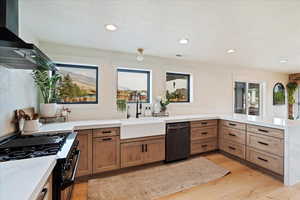 Kitchen featuring gas range oven, exhaust hood, a peninsula, light wood-style flooring, and dishwasher