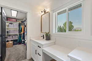 Bathroom with vanity and a walk in closet