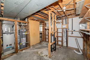 Unfinished basement featuring secured water heater and heating unit