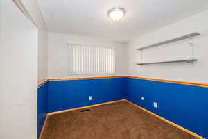 Carpeted spare room with a textured ceiling