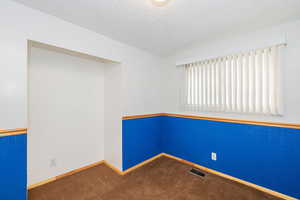Unfurnished room featuring a textured ceiling and carpet flooring