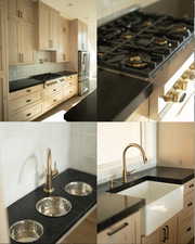 Kitchen with decorative backsplash, dark countertops, light brown cabinetry, and appliances with stainless steel finishes