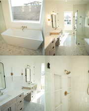 Bathroom with tiled shower, a soaking tub, two vanities, and tile walls