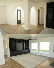 Unfurnished living room featuring wood finished floors, arched walkways, built in shelves, and ceiling fan