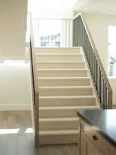 Staircase featuring wood finished floors