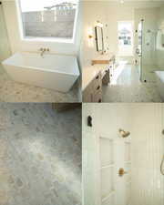 Bathroom with vanity, a tile shower, and a soaking tub